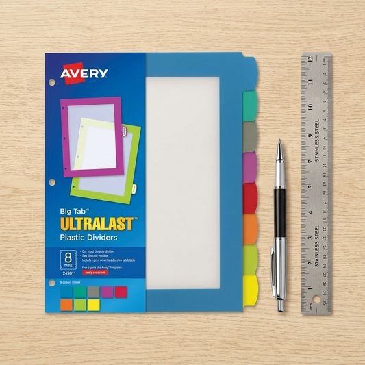 Scale reference photo: Avery UltraLast durable plastic dividers next to a standard pen and ruler on a clean desk, highlighting the true 8.5" x 11" size.
