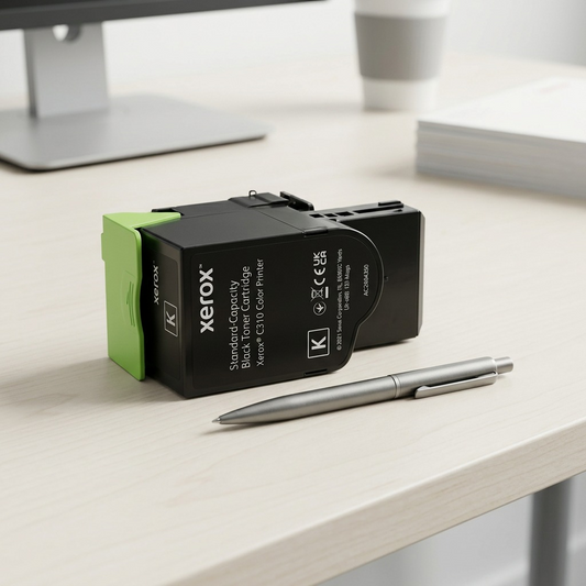 A realistic visual comparison with a standard pen demonstrating the true size of the Xerox 006R04356 standard capacity black toner cartridge on a minimalist wooden desk surface, featuring precise scale cues and a clean, ecommerce-style presentation.