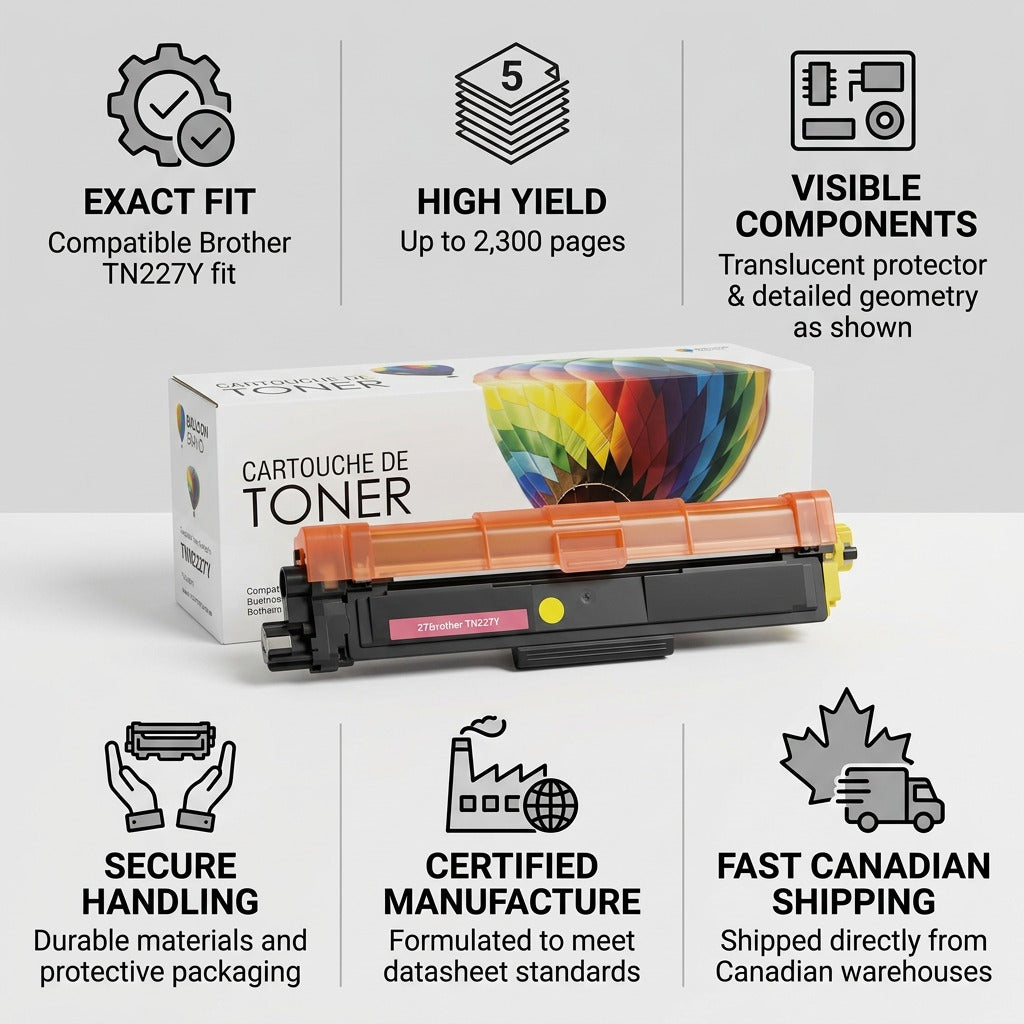 A PDP visual matrix for the Balloon Brand CTTN227Y toner, highlighting Trust & Authority attributes through icons and facts, including compatibility, performance, and fast shipping.