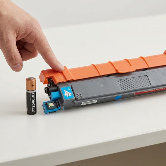 A detailed close-up shot compares the size of the Balloon Brand Compatible TN229XLC Cyan Toner and a standard, well-worn AA battery.