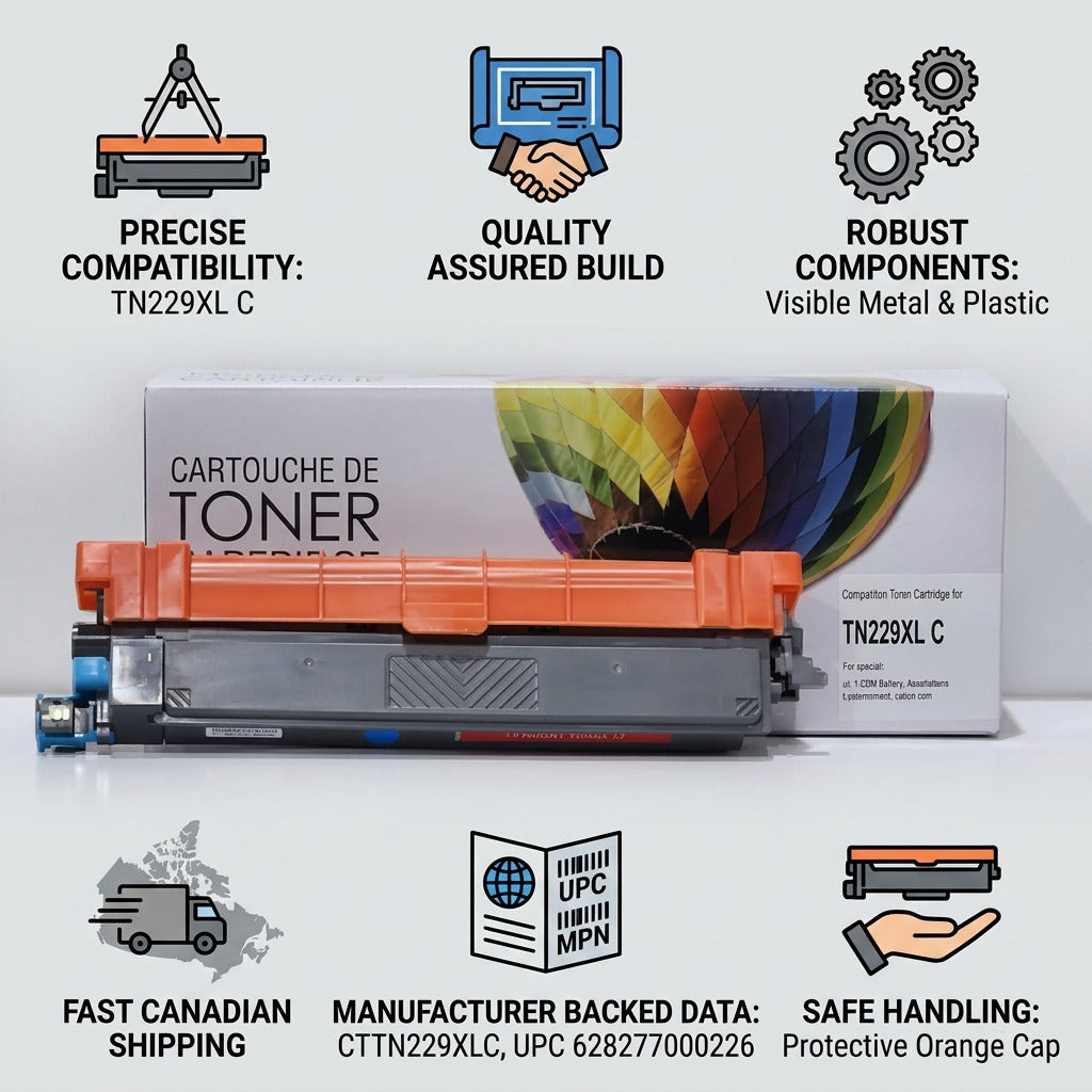 Trust infographic with the TN229XLC product and icons for built quality, shipping speed, and compatibility.