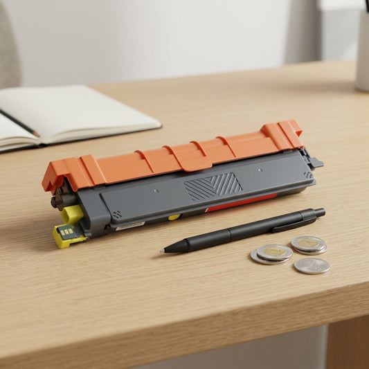 A compatible yellow toner cartridge on a wooden desk next to a pen and coins for scale.