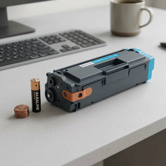 A realistic scale comparison showing the Balloon Brand COMPATIBLE CYAN TONER FOR HL4150/4570 cartridge, as referenced in image_0.png, placed next to a standard AA battery and a stack of three pennies on a clean desk.