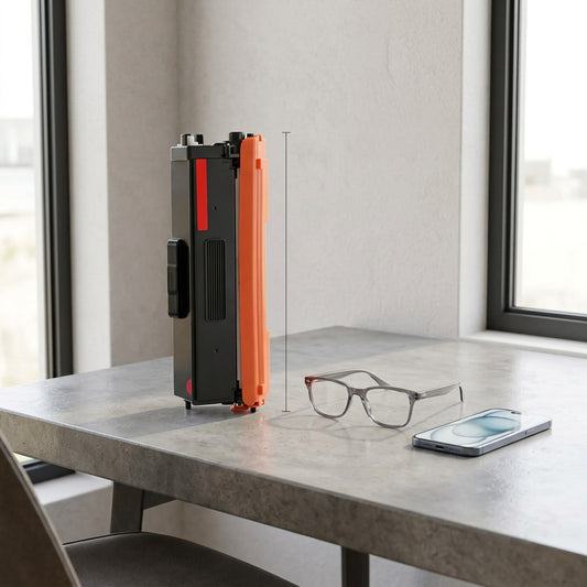 Generic toner cartridge on a desk next to reading glasses and a smartphone for key size comparison.