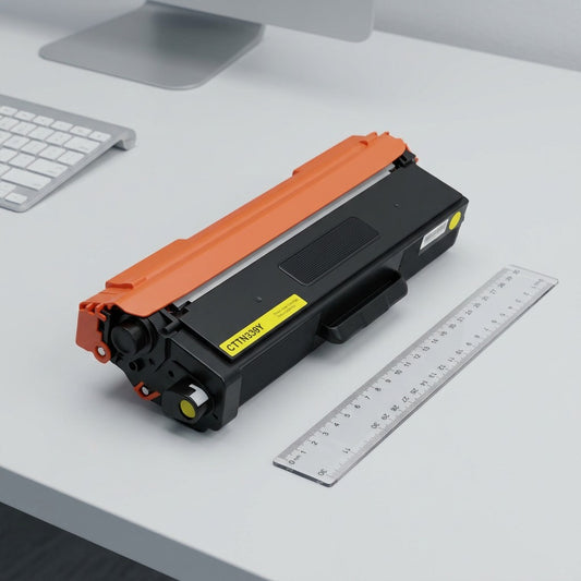 ~ CTTN339Y recycled yellow toner cartridge placed beside a 30cm ruler on a clean desk, showing scale.