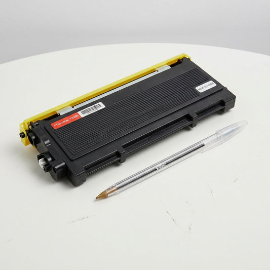 Compatible TN350 toner cartridge next to standard BIC pen for scale on white surface.