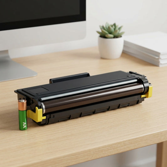 A scale photo shows the TN460 compatible toner cartridge resting on a desk surface, positioned precisely next to a standard AA alkaline battery. The image focuses on the physical size relationship between the known-size battery and the black with yellow accents cartridge form factor, which has a matte and glossy plastic texture. The lighting is clean, bright, and even. The background should be a subtle, blurred home office setting.