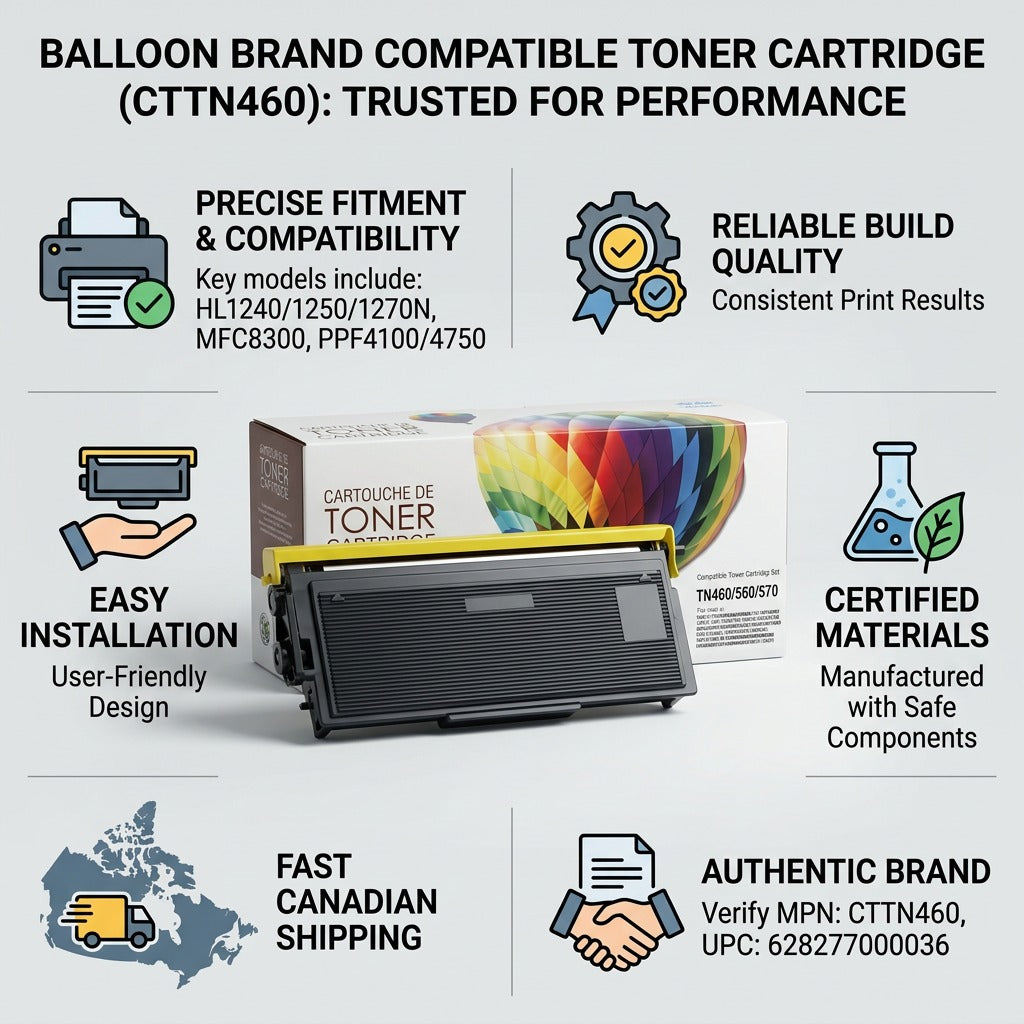 Trust and authority infographic for Balloon Brand CT TN460 compatible toner cartridge for printers.