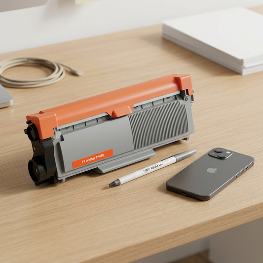 A CTTN660 toner cartridge sits on a light wood desk next to an iPhone for precise scale reference.