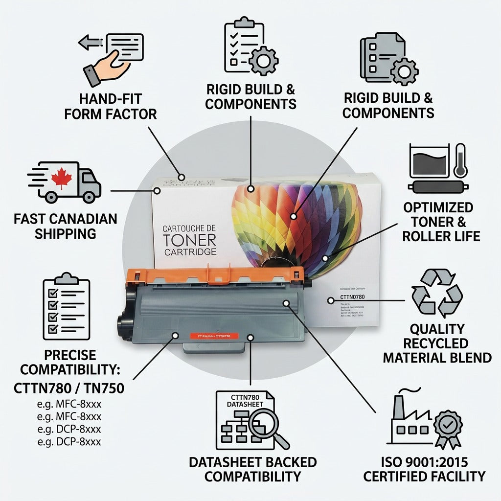 Trust and authority infographic image for the CTTN780/TN750 companion toner, detailing its quality components, direct fit compatibility, high manufacturing standards, and fast Canadian shipping.