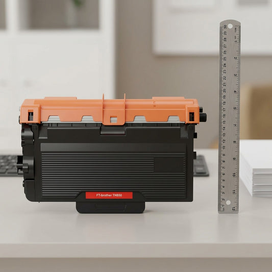 A studio shot of the compatible Brother TN850 toner cartridge next to a 30cm ruler.
