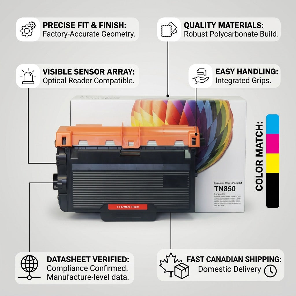 An infographic showing the CTTN850 toner cartridge, highlighting its precise construction and reliable Canadian shipping, positioned for a product page.