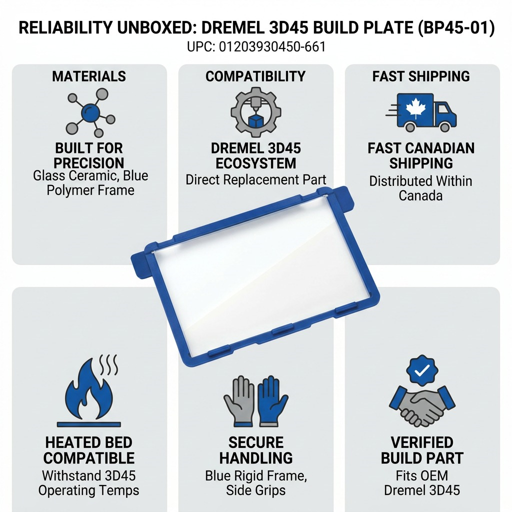 A product information infographic for the Dremel 3D45 build plate showing key features and compatibility.