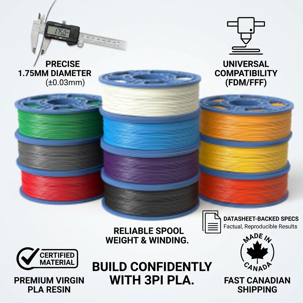 Infographic: "Build Confidently with 3PI PLA." Features stacked product image, "Made in Canada," "Precise 1.75mm," "Factual Datasheets."