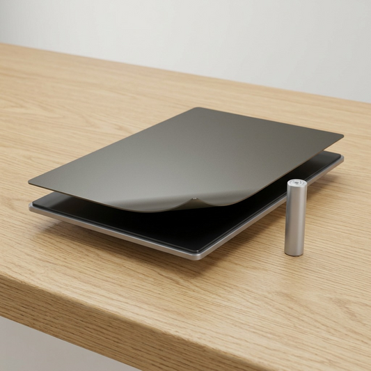 Scale reference image: 3D45 flexible build plate kit beside standard AAA battery.