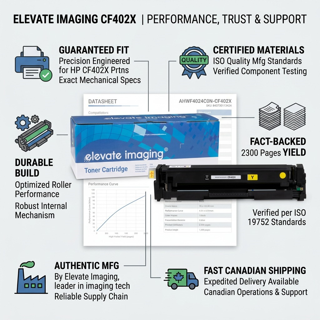 Elevate Imaging HP CF402X toner cartel in a trust-building infographic with performance icons.