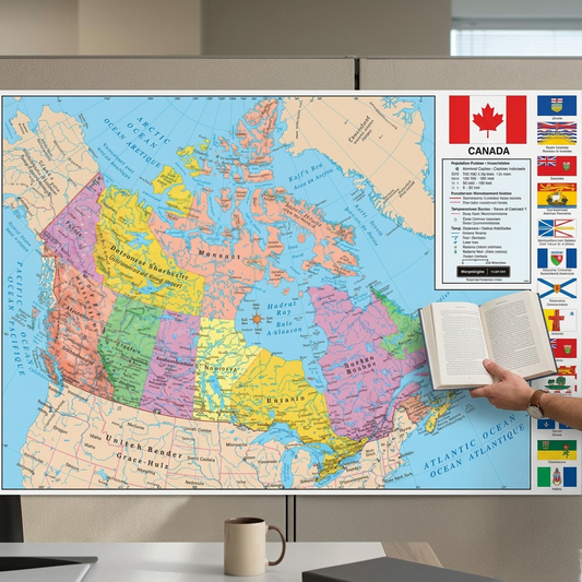 A close-up shot of the Replogle Globes Canada Wall Map (72117) displayed on a wall, positioned next to a human hand holding an open smartphone for size reference.