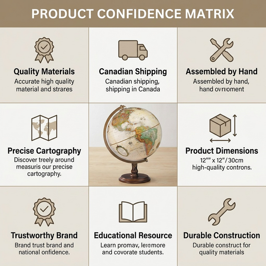 Replogle globe confidence matrix infographic with fast Canadian shipping cues and factual product icons.
