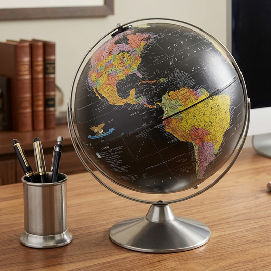 Replogle Starlight 12-inch black ocean globe displayed on an office desk next to a modern pen holder.