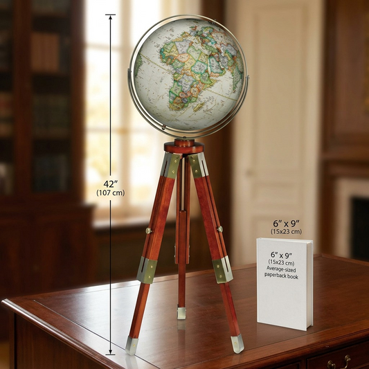 A side-by-side comparison image showcasing the Replogle Eaton III Globe and Tripod Stand, next to an average-sized paperback book on a desk to provide a realistic scale reference.