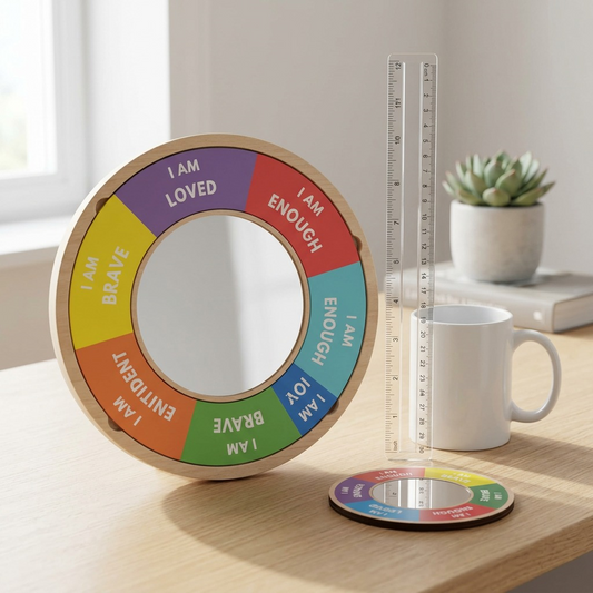 An out-of-package fdmt Confidence Building Mirror with wood frame and affirmations, sitting next to a standard 12-inch ruler on a light wood desk, clearly showing the mirror's true size in a bright, clean-styled photo with soft lighting.
