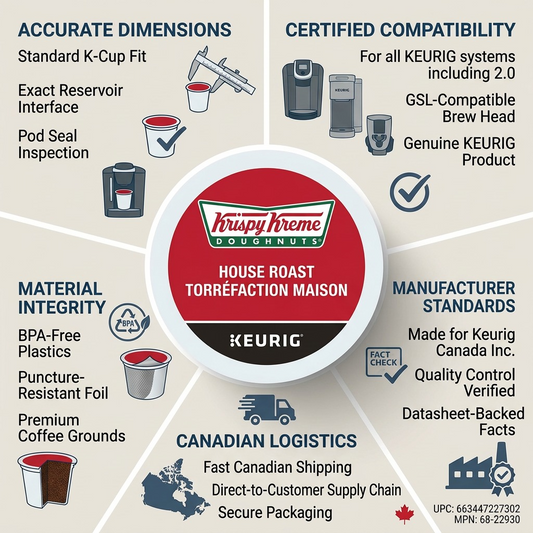 A trust and authority infographic template with a central K-Cup pod and surrounding feature icons. This visualization highlights standard dimensions, compatibility, material integrity, manufacturer standards, and fast Canadian shipping. It includes sections to incorporate specific SKU and MPN data.