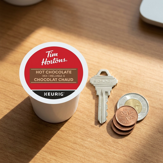 Scale reference photo: A Tim Hortons Hot Chocolate K-Cup beside a house key and coins for size comparison.