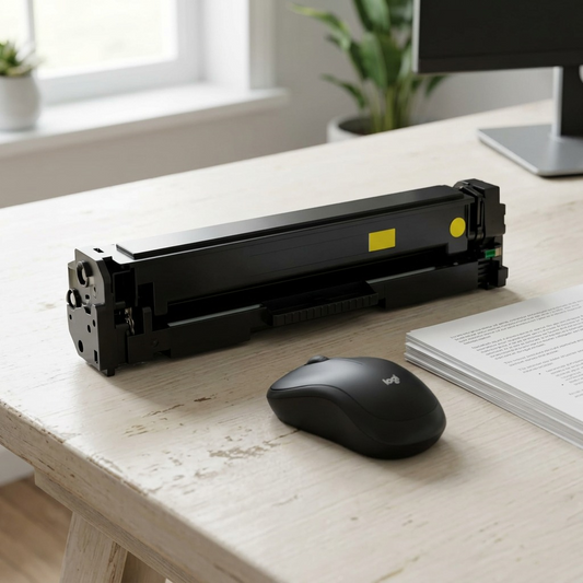 Elevate Imaging HP CF402A toner cartridge at a home office desk, beside a wireless mouse and paper stack.