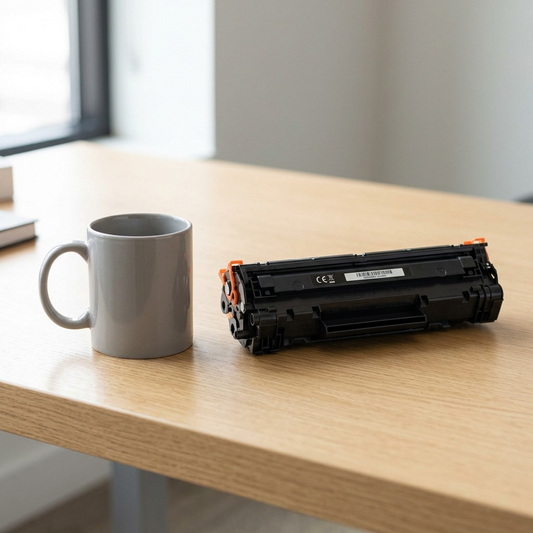 Elevate Imaging black toner cartridge CE260X next to a coffee mug for scale reference.