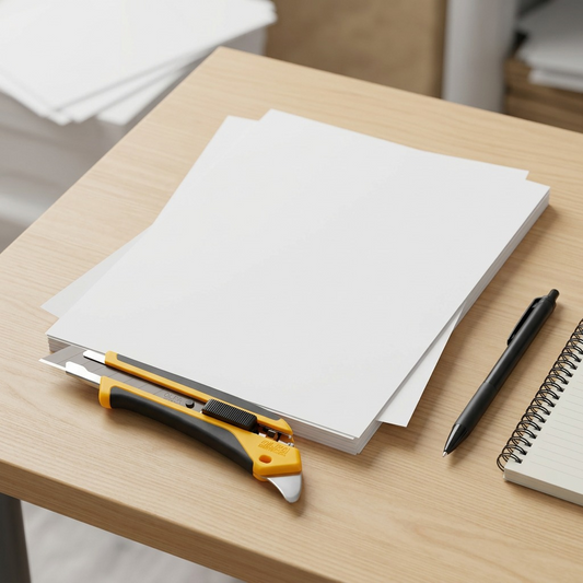 A scale-reference image of the OLFA LA-X 18mm Utility Knife beside a standard A4 paper stack and writing implements.
