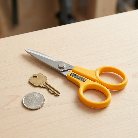 Close-up product photo comparing the 7-inch Olfa SCS-2 scissors next to a generic house key and a quarter for scale on a light wooden desk, with soft natural light.