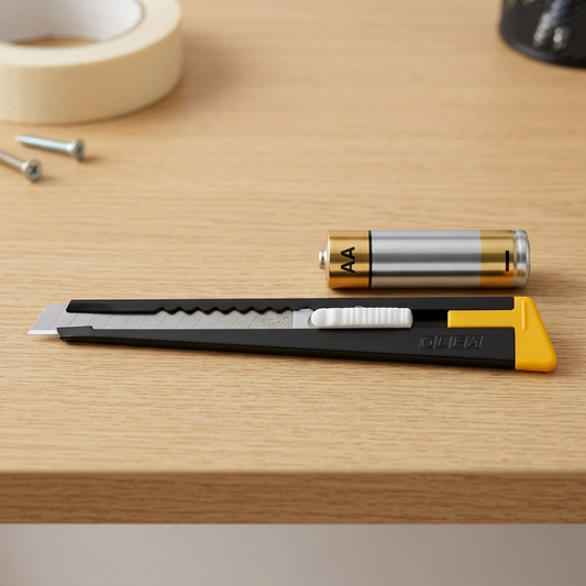 Visual scale comparison: an Olfa 9mm 180 metal precision knife next to a standard AA battery.