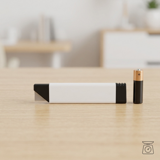 A scale reference image comparing the Olfa carton cutter from image_0.png with a standard AA battery.