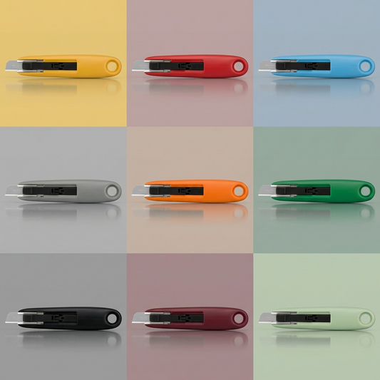 A 3x3 grid showing nine Olfa SK-7 knives of identical shape with various solid color handles against colored backgrounds.