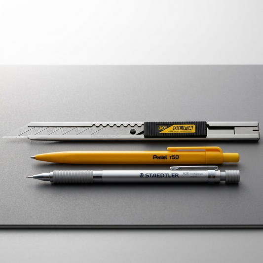 Scale illustration of the 9mm SAC-1 graphic knife next to a standard mechanical pencil.
