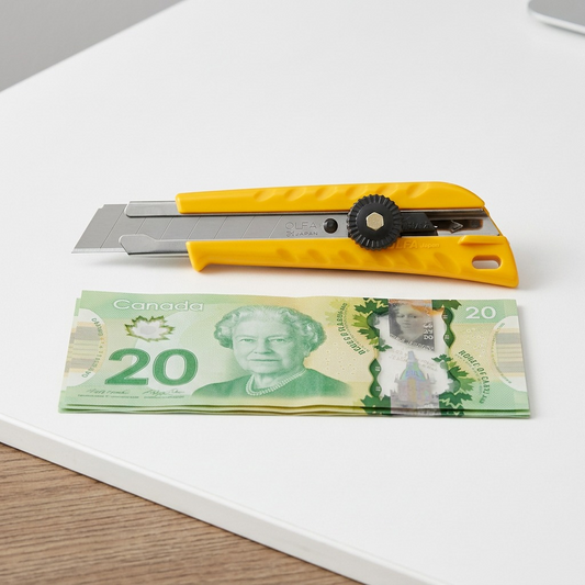 A visual comparison image of the L-1 utility knife beside a stack of Canadian currency.