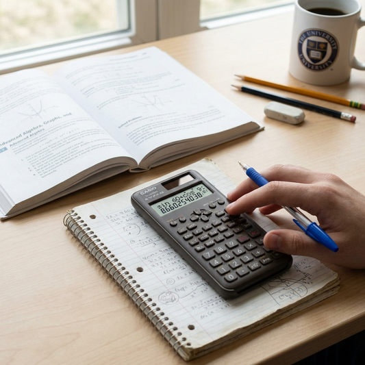 A person using a Casio FX300MSPLUS2 scientific calculator on a desk with a notebook and textbook.