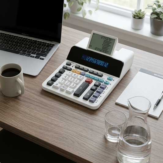 SHARP ELDP9001 paperless printing calculator on a desk next to common scale items.