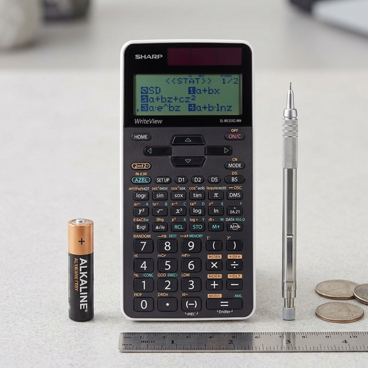 A detailed visual matrix image showing the SHARP EL-W535XG-WH calculator next to a standard AA battery and other workspace items.