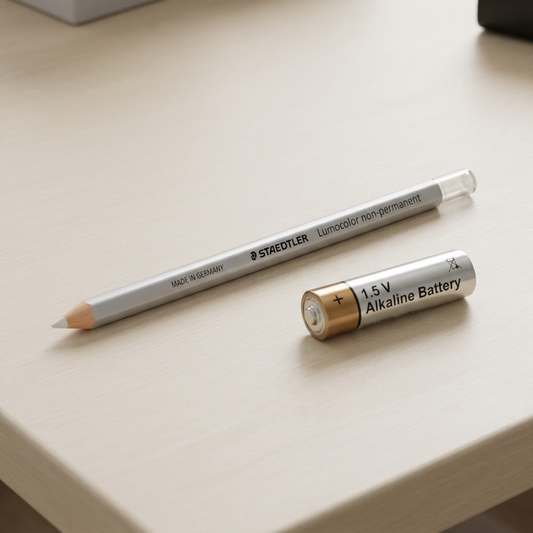 Scale reference photo for the silver Staedtler Omnichrom pencil. The pencil lies precisely next to a standard AA battery on a light-wood desk, showing its exact length and diameter. Clean product-led styling and realistic lighting.