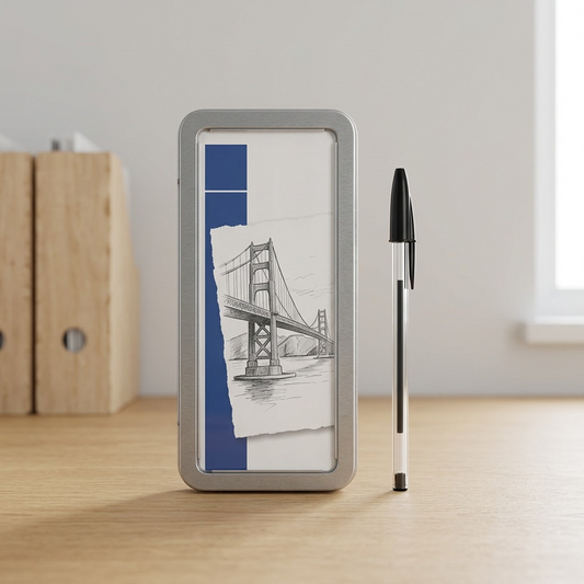 Scale shot: STAEDTLER pencil tin positioned on a desk alongside a ballpoint pen for size comparison.