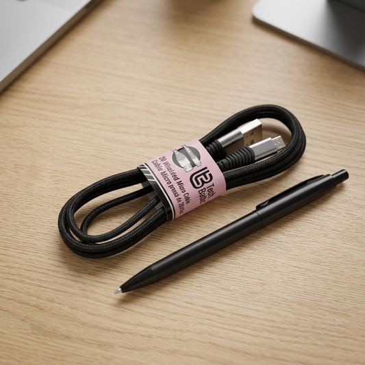 An image of the rolled Tech Basics Micro USB cable beside a standard pen to show scale.