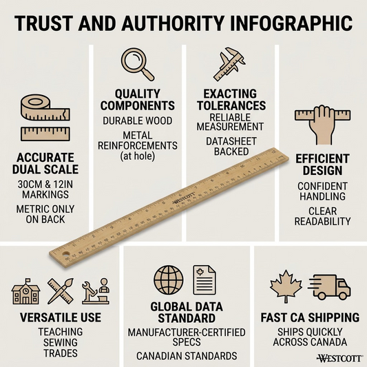 A Westcott brand meter stick infographic, providing product confidence cues: exact metric/inch markings, durable wood construction, and concise data on uses, shipping, and datasheets.