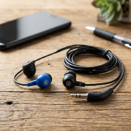 A pair of Wicked Audio Brawl earbuds in Deep Sea, showcasing the L/R markings and the 4.5V smart plug on a neat desk.