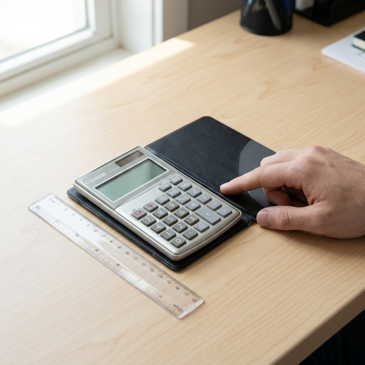 A Canon LS-63TG handheld calculator placed on a desk next to a ruler and a person's hand for scale.