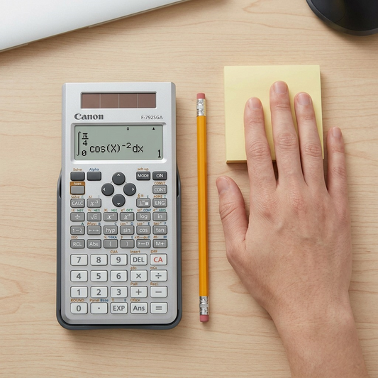 Canon F-792SGA scientific calculator on a desk next to a pencil and a hand for size comparison.