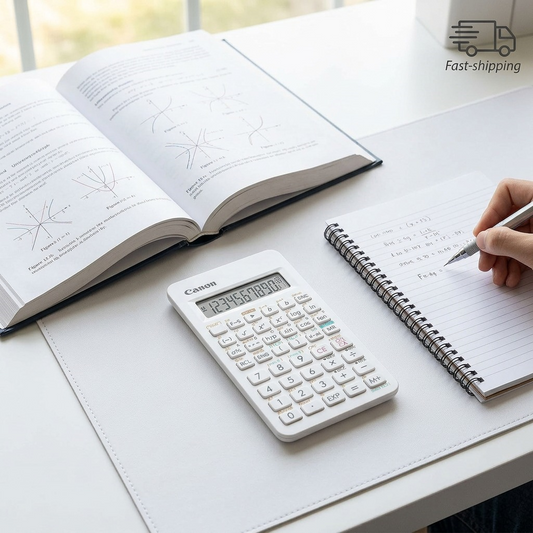 A white Canon F-605G scientific calculator on a desk with a textbook and a person writing in a notebook.