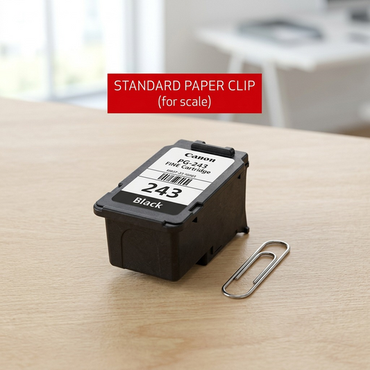 A physical Canon PG-243 black ink cartridge shown next to a universally recognizable standard paper clip on a desk, illustrating its compact size.
