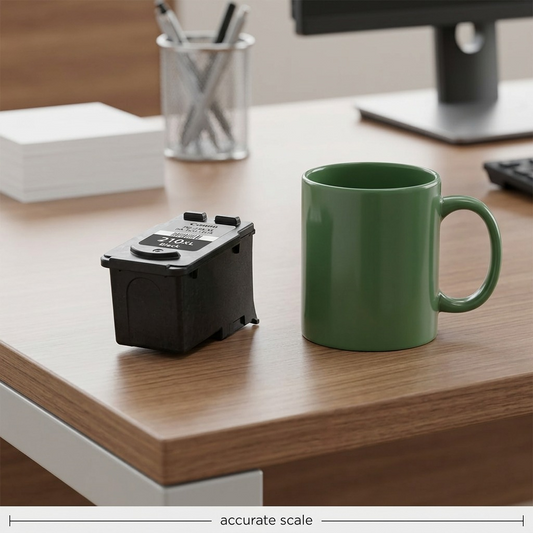 The Canon PG-210 XL ink cartridge is placed on a modern office desk beside a standard ceramic coffee mug, clearly showing its relative size.