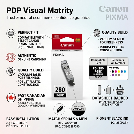 Cannon PGI-280 Black infographic with specific factual icons and text points.